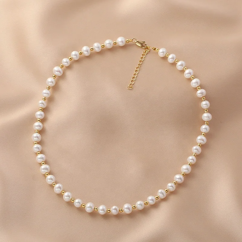 INS Trendy 14K Gold Filled Yellow Gold Ball Beaded Pearl  Necklaces Natural Freshwater Rice Pearl Necklace for Women