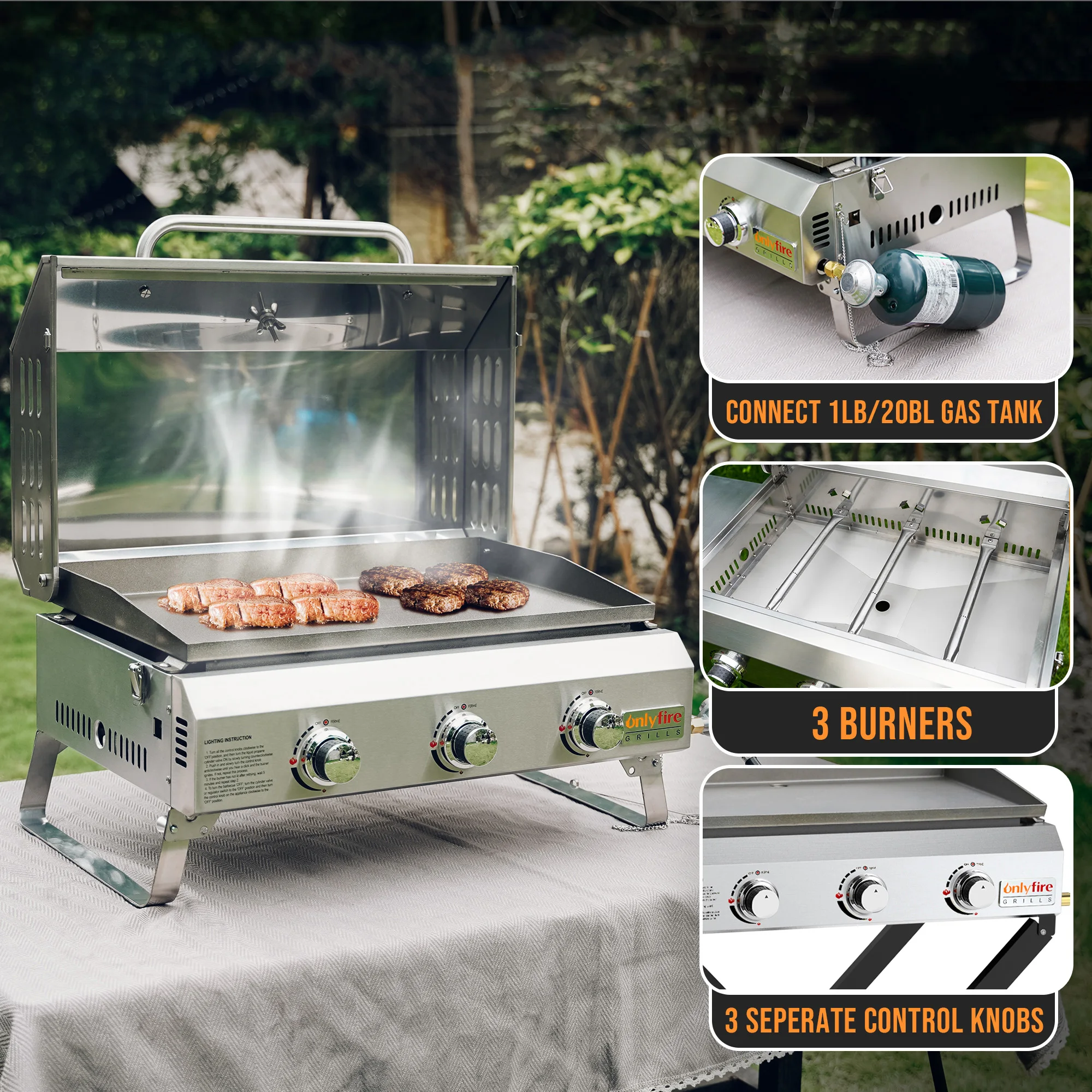 Tabletop 3 Burners Gas BBQ Grill Easily Cleaned Portable Stainless Steel