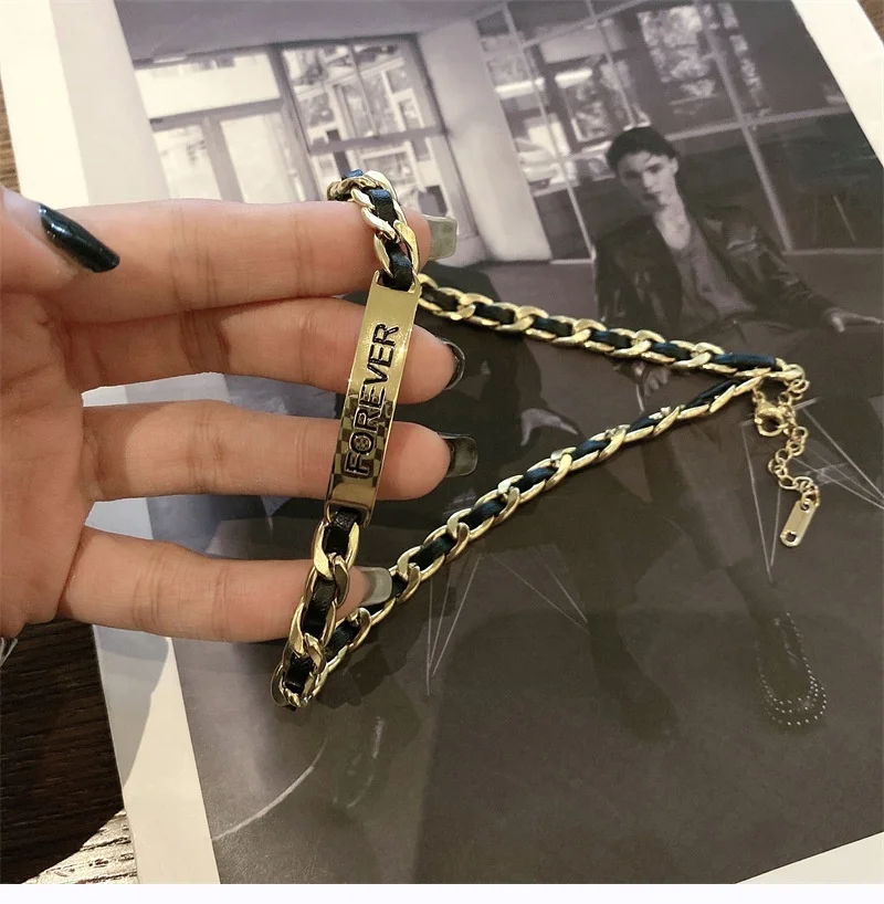 14k Gold Plated Stainless Steel 316L Leather Link Necklace French Retro Vintage Ladies Cuban Chain Choker Necklace
