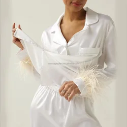 Feather Pajamas Long Sleeve Women Satin Sexy Bride Long Wedding Bridal Sleepwear Pajamas