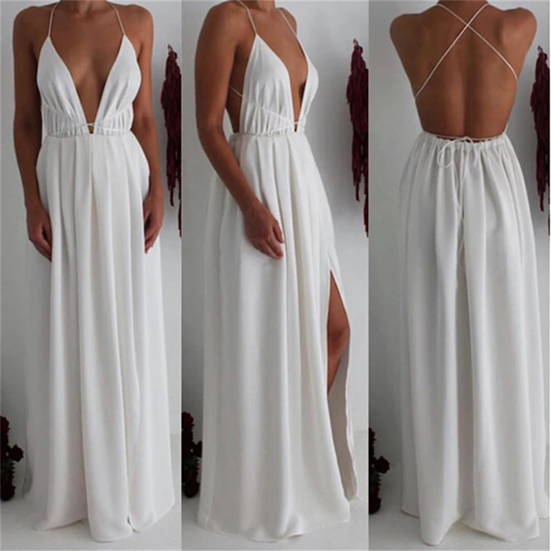 Lace Splice White Long Dress Beach Deep V Neck Sexy Summer Sundress Boho Drawstring Side Split Maxi Dresses Women