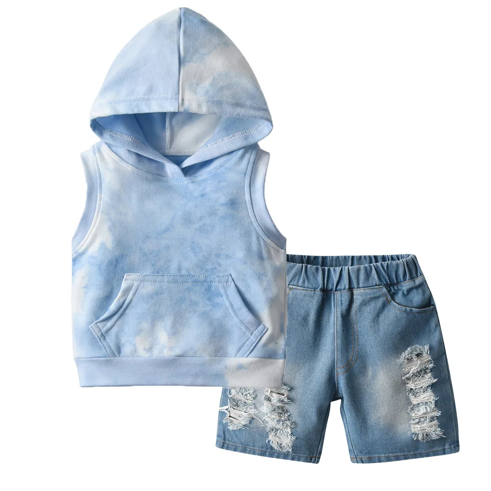 Summer new foreign trade cross border supply boys and girls tie dyed sweater sleeveless hooded Pullover shorts two-piece set