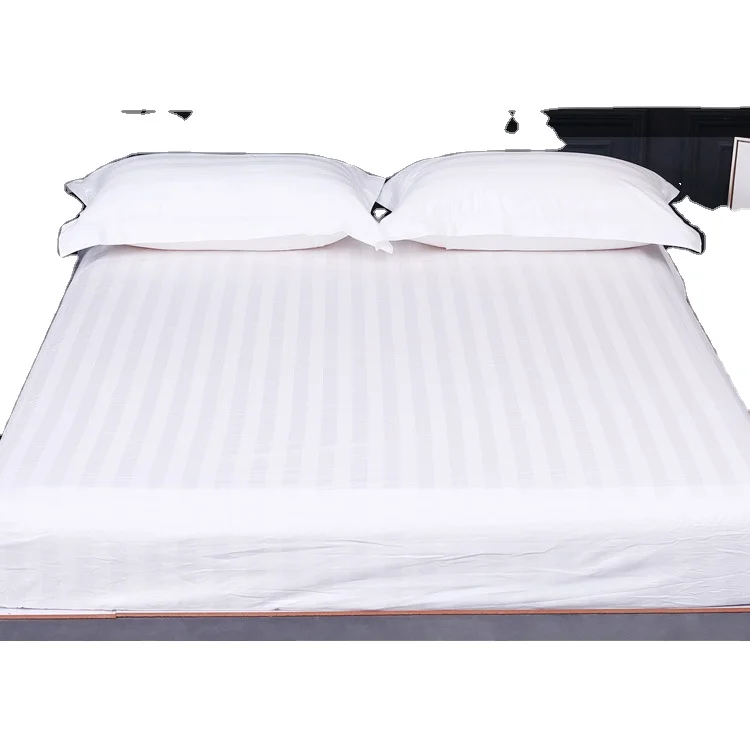 High Quality Luxury Hotel Full Size White 100% Polyester Satin Bedding Fitted Set 3 Pieces 3cm Stripes Bedsheet Set