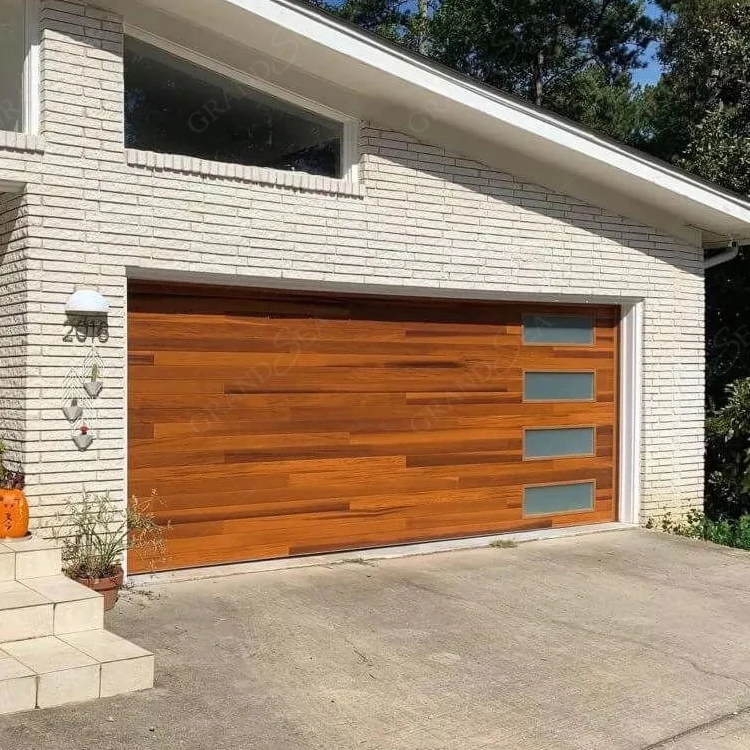 Modern Sectional Insulated Panel Anti Rust Aluminium Wooden Grain Automatic Steel Garage Door With 4 windows