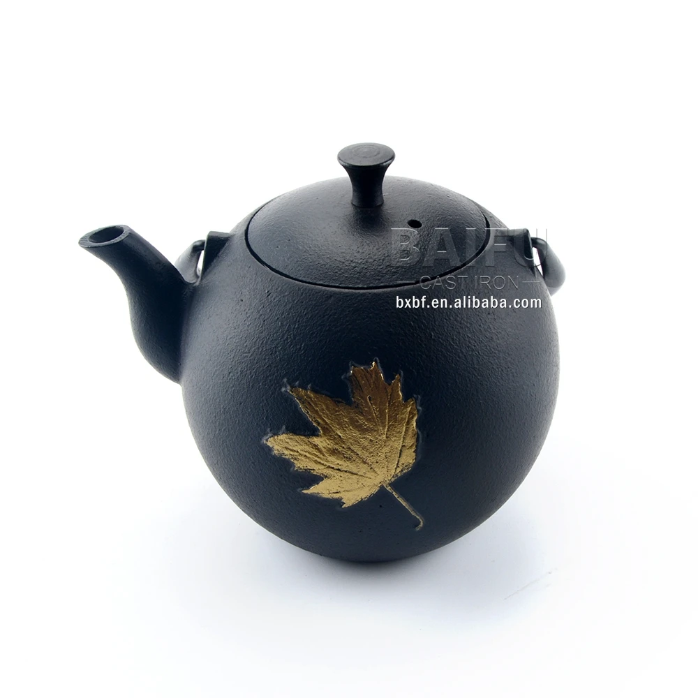 Gold Leaf Design 1 L Teapot Cast Iron Japanese Tetsubin tea kettle with Infuser for Loose Leaf Tea Enameled Interior tea pot