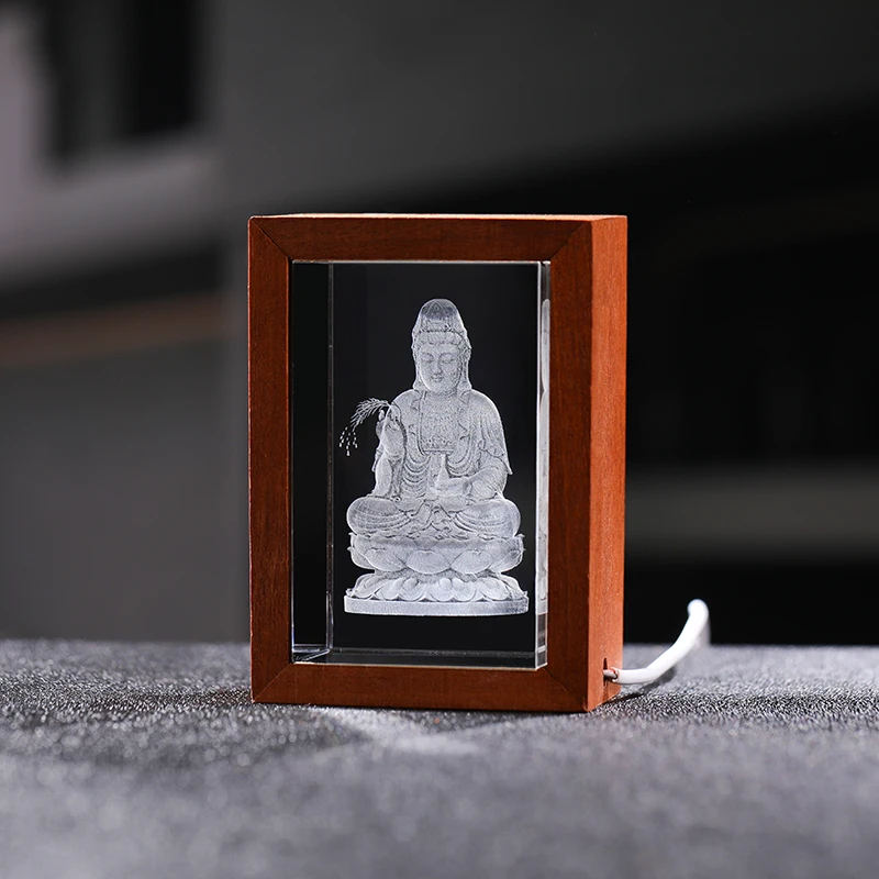 Custom Religious Crystal Crafts 3D Laser Engrave Buddha Statue Photos Crystal Cube With LED Wooden Frame Base
