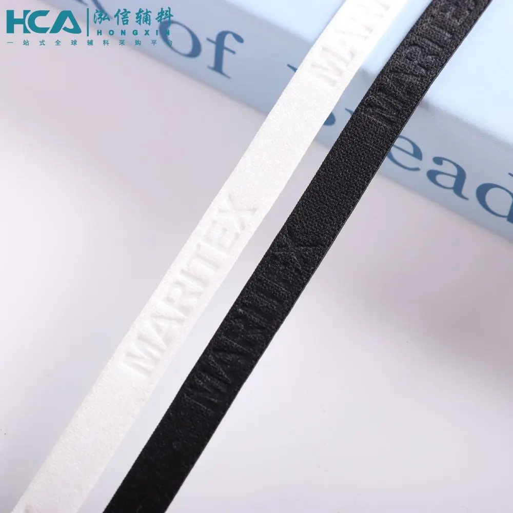1cm High Quality Black White debossed Logo T shirt Hoodie Neck Elastic Tape for Garment