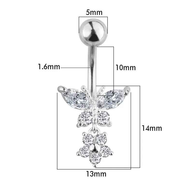 New designs transparent zircon stainless steel butterfly belly rings silver rose gold plated butterfly belly button ring