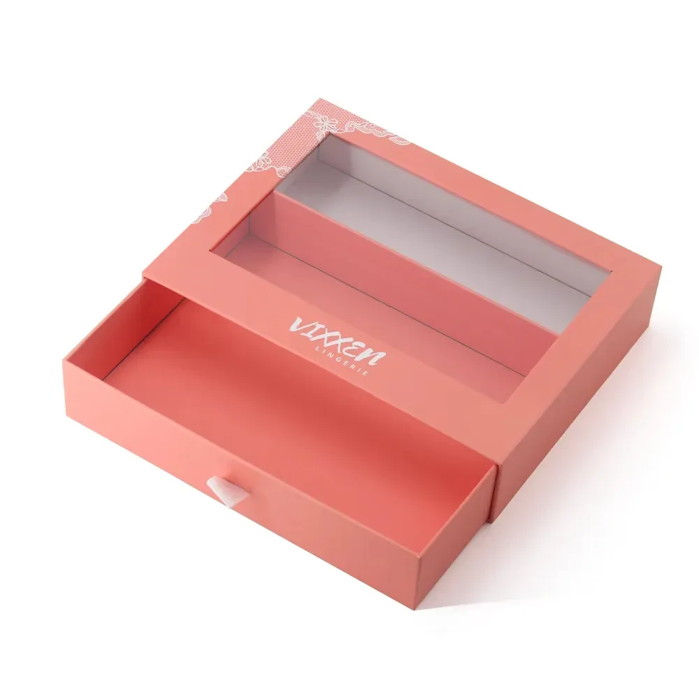 Custom Luxury Elegant Lingerie Gift Packaging Box UV Advantage Paperboard Drawer Box with PVC Window