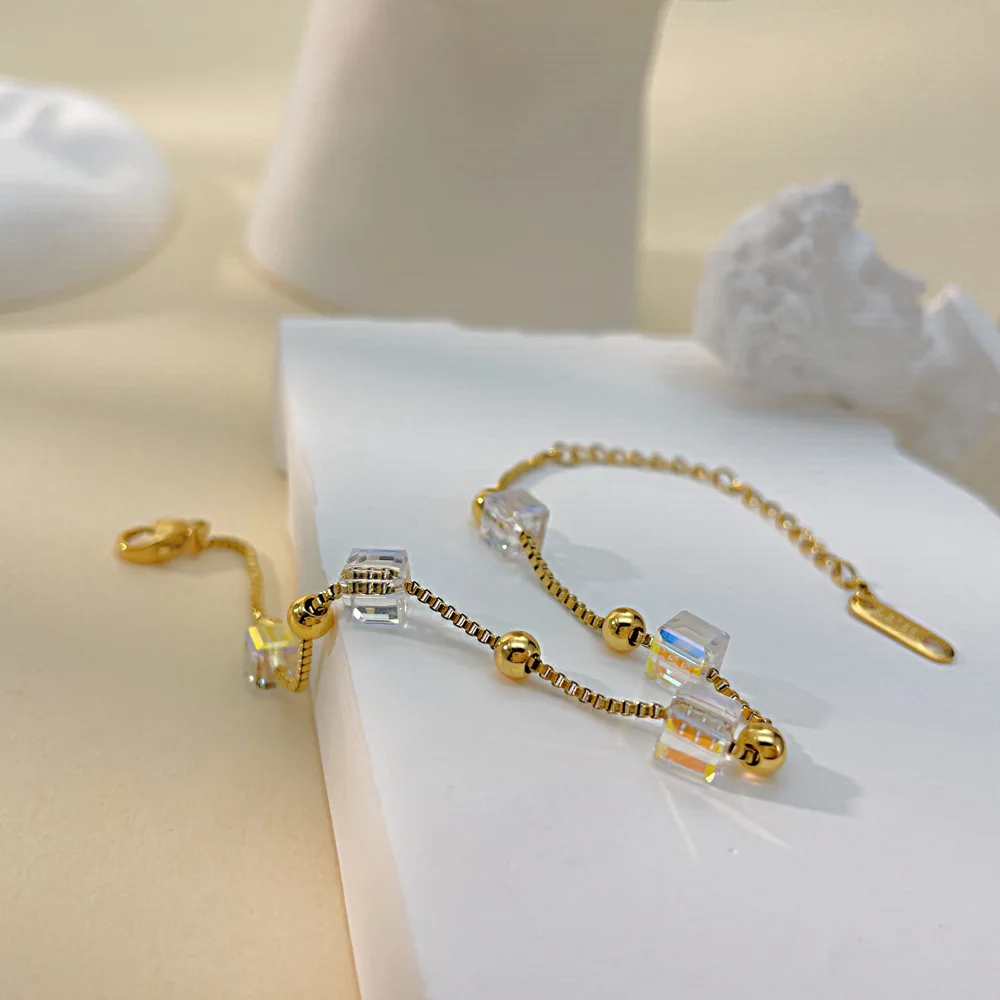 PVD Coated Bracelets Stainless Steel Box Chain Glass Bead Bracelet Jewelry For Women Girls