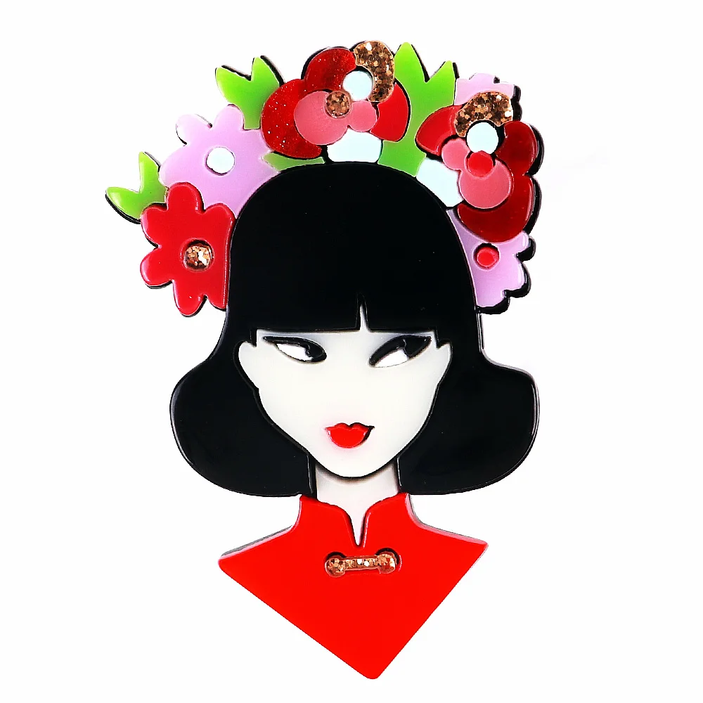 Creative Japanese geisha garland Chinese girl red cheongsam sequin acrylic brooch for women