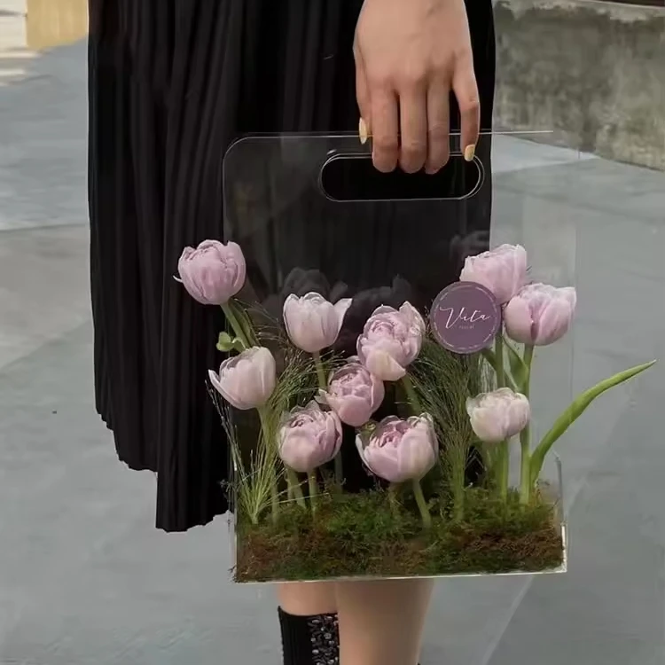 Customized Sign Portable Suitcase Transparent Acrylic Box With Handle Without Rod For Flowers Acrylic Flower Box