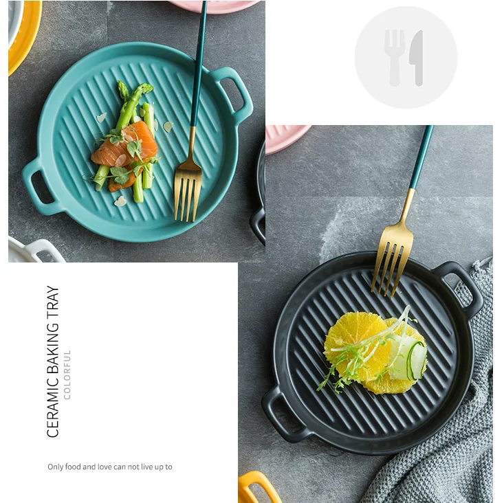 From China Steak Pasta Dessert Serving Dishes Ceramic Pizza Baking Dish Bread Flat-bottomed Ceramic Dish Plate