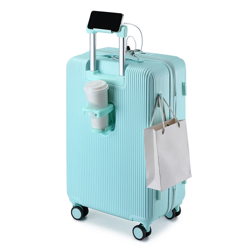 Front opening suitcase large capacity 20-inch boarding box travel trolley bags with cup holder ,mobile stand,charging ports