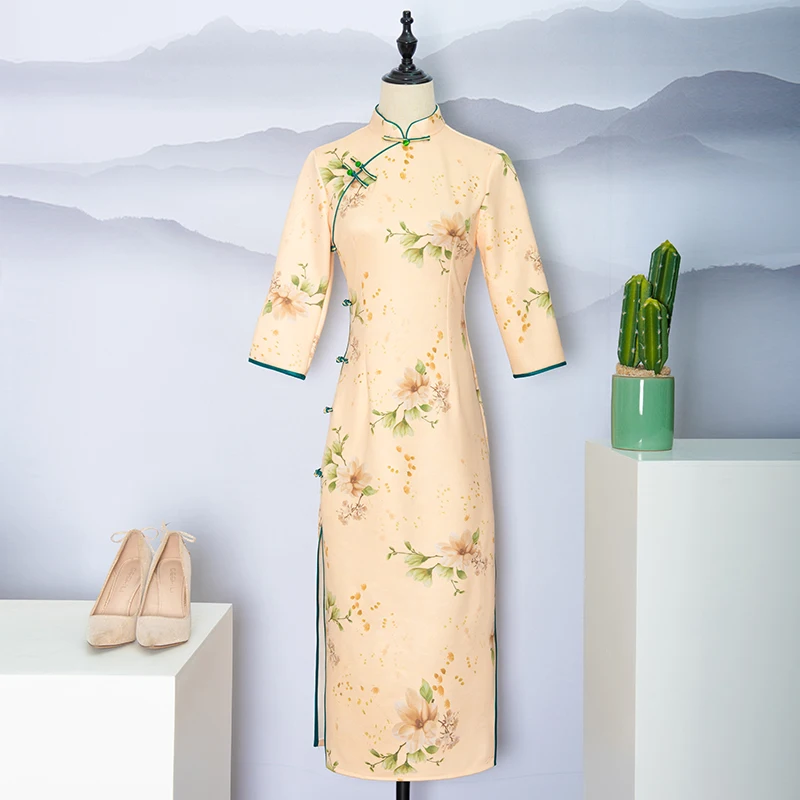 2019 New High Grade Long Cheongsam Printing Cheongsam Long Collar Emulation Silk Lady Women Clothing Quantity Summer Ethnic Pcs (1600334270955)