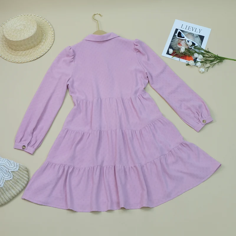 New summer lapel waistband button long sleeve solid color pleated waistband casual blouses blouse dresses