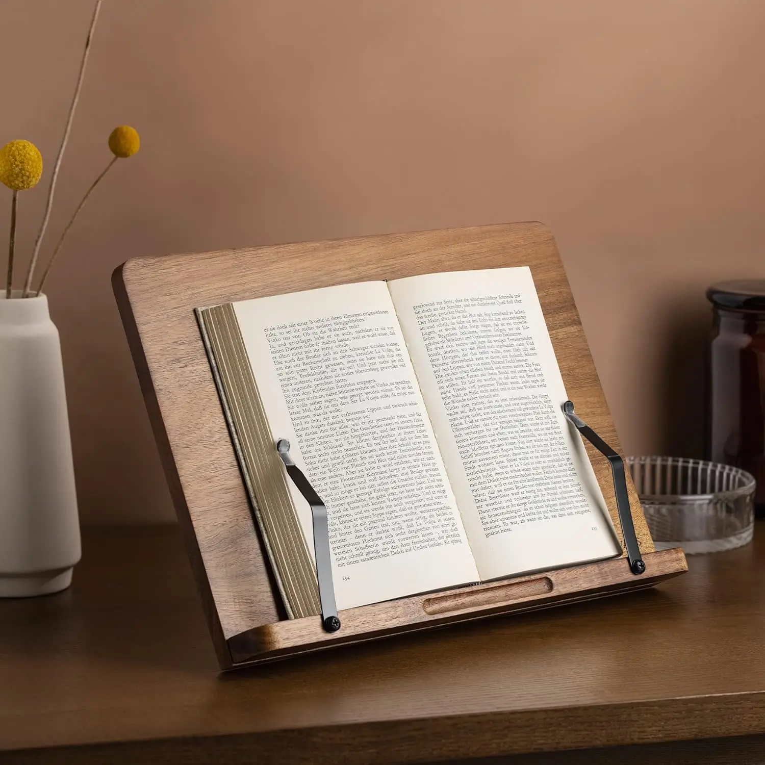 Wooden Book Stand Hands-Free Reading Recipe Cookbook Tablet Holder with 2 Adjustable Metal Page Holders with Grips