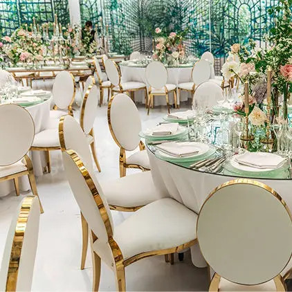 O Round Back Design Stackable Restaurant Banquet Gold Chairs Stainless Steel Wedding Chair for Event