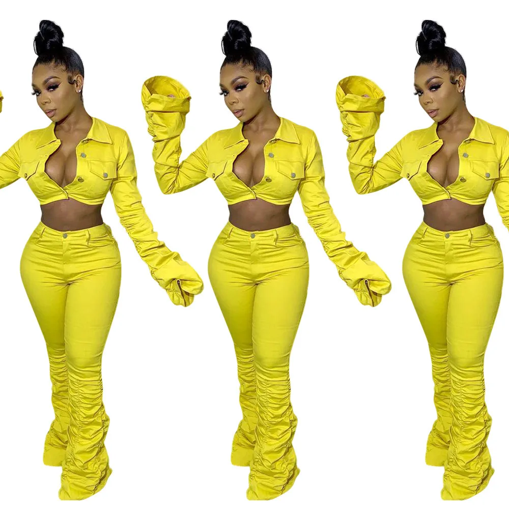 
Wholesale custom fashion folding flared sleeve stacking pants sportswear home wear casual jogging suit suit 