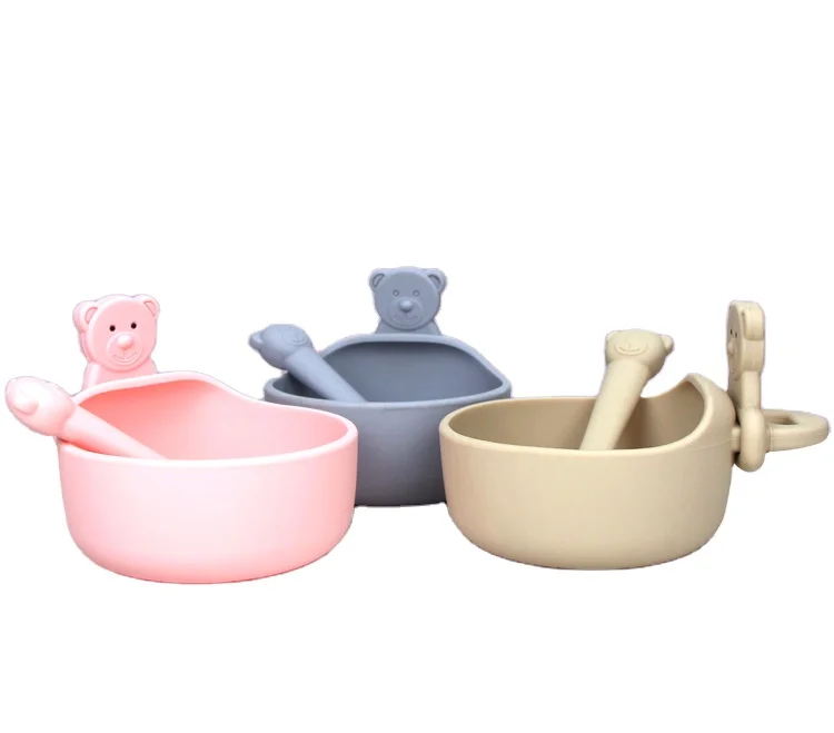 Baby Feeding Suction bowl Silicone Bowls Suction Silicone Bowl set with Spoon and teether for kid