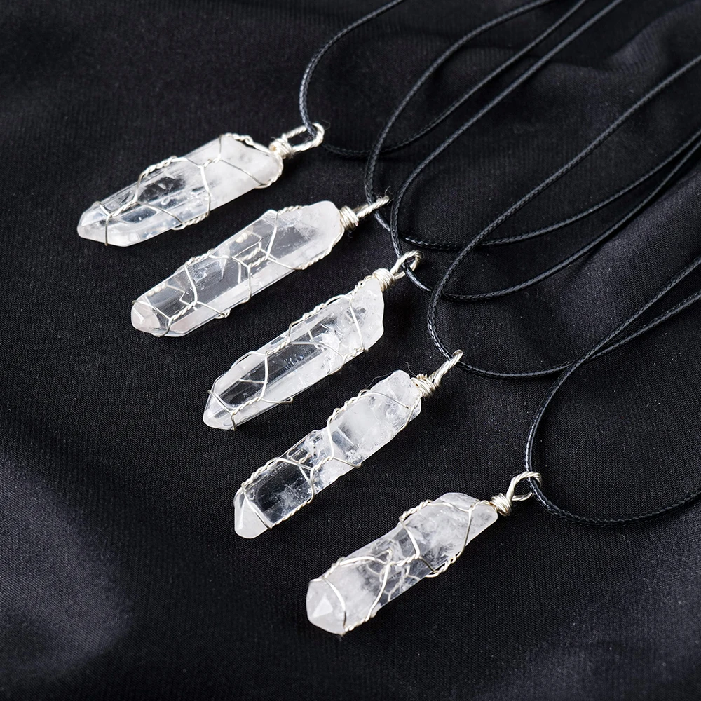 Wholesale Natural White Crystal Crafts Hexagon Column Wrapped Silk Thread Pendant Single Crystal Raw Stone for Decorative Gifts
