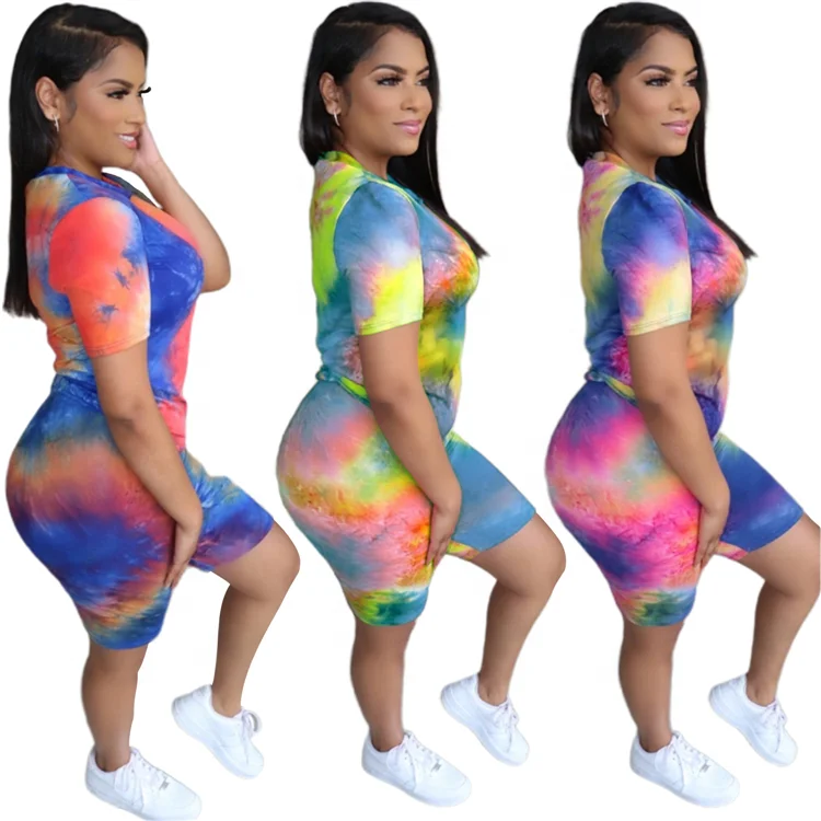 ZA175001 Best price 2020 Summer Tie-dye Sexy 2 Pcs Track Suit Outfits Two Piece Pink Shorts Set Women Matching Clothes For Women