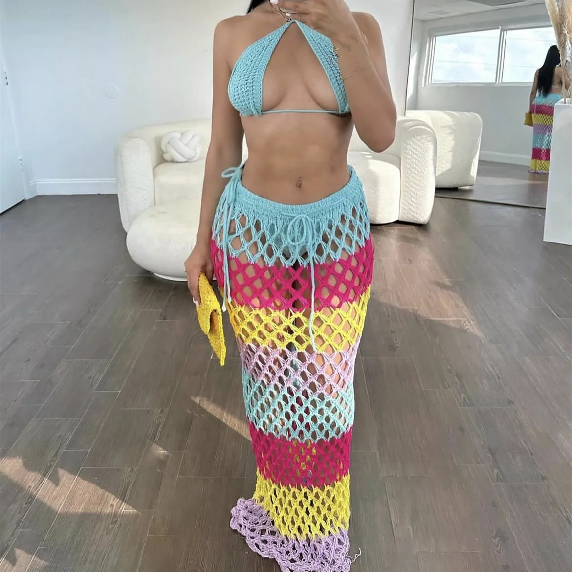 Summer Colorful Bikinis Beachwear Lady Women Sleeveless Crochet 3 Piece Bra With Long Maxi Skirt Sexy Three Piece Skirt Set