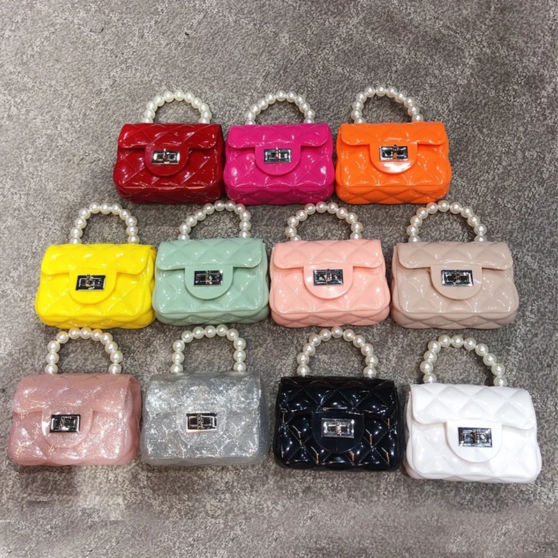 
Cowinner New Portable PVC Jelly Bag For Girl Mini Handbag Shoulder Messenger Pearl Crossbody Rhombus Small Square Bag With Chain 
