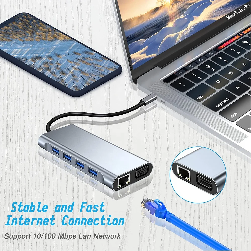 Computer hardware software aluminum 11 in 1 type c to 4k hdmi vga 100M RJ45 usb charging hub type c docking station for laptop