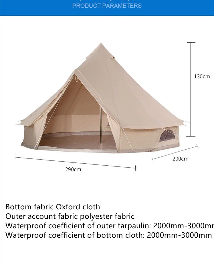 Qibu 4-season Waterproof Cotton Canvas Large Family Camp Beige Color Bell Tent Hunting Wall Tent With Roof Stove Jack Hole