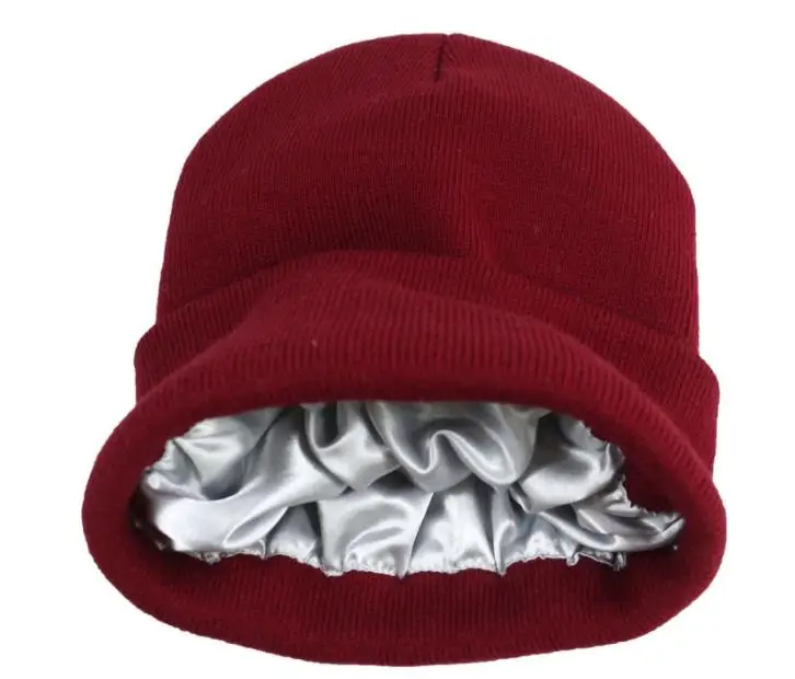 Woman Knitted winter hat satin liner 2022 plain knitted winter hat satin beanie hat