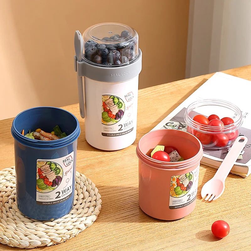 Plastic Salad Cup Food Storage Containers Yogurt Cereal To Go Breakfast Plastic Cup With Spoon And Lid
