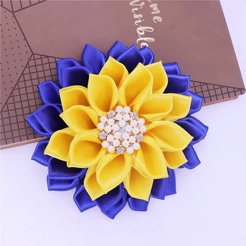 Royal and yellow sigma 1922 years satin layer large size pearl poodle greek sigma gamma rho flower pins brooch corsage