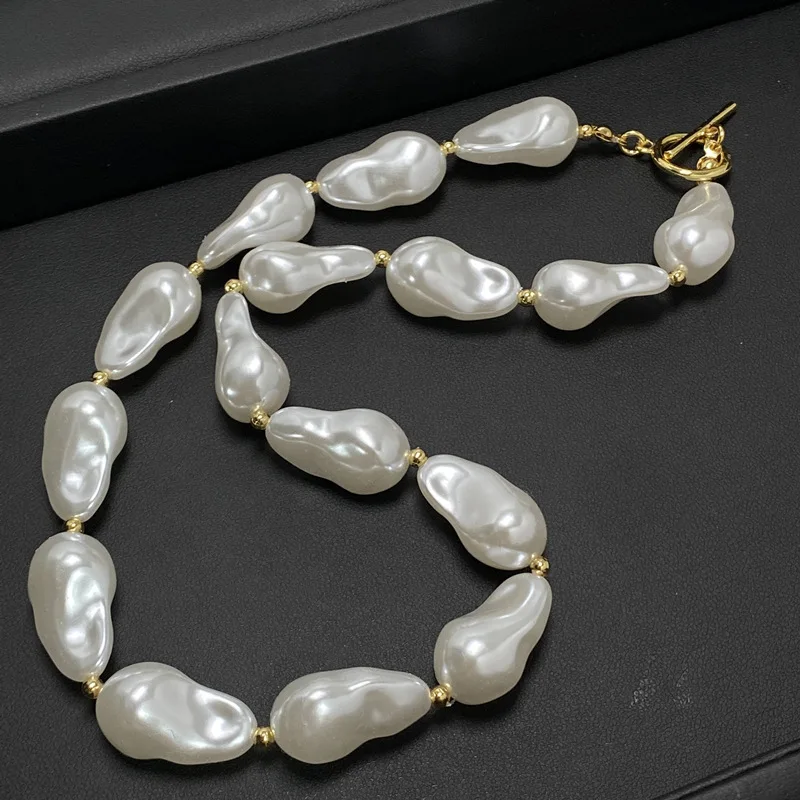 Big Pearl Necklace Stainless Steel OT Clasp Choker Pearl Necklace Vintage Baroque Pearl Necklace