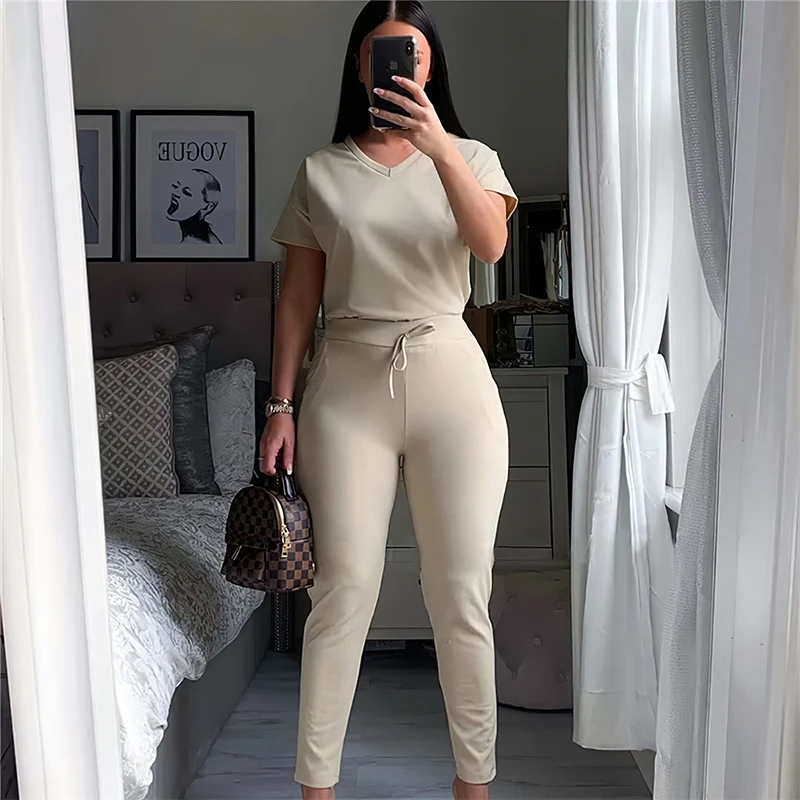 New arrival  summer causal women two piece pant sets T-shirt and jogger solid 2 pcs sets sport outfits clothing