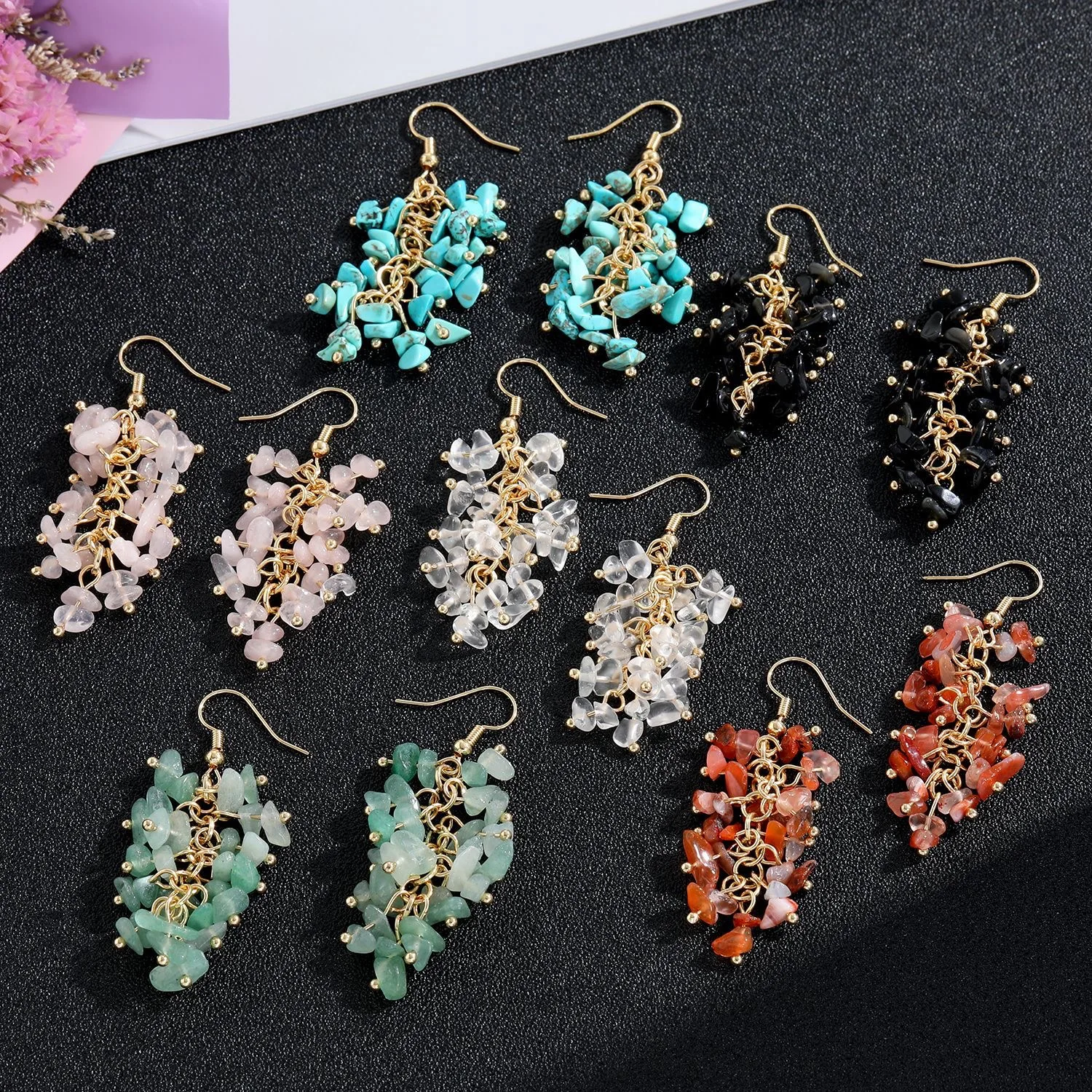 Natural Amethyst Crushed Stone Earrings Eardrop Multi-colored Seven Chakra Crystal Chips Earring for Jewelry Making