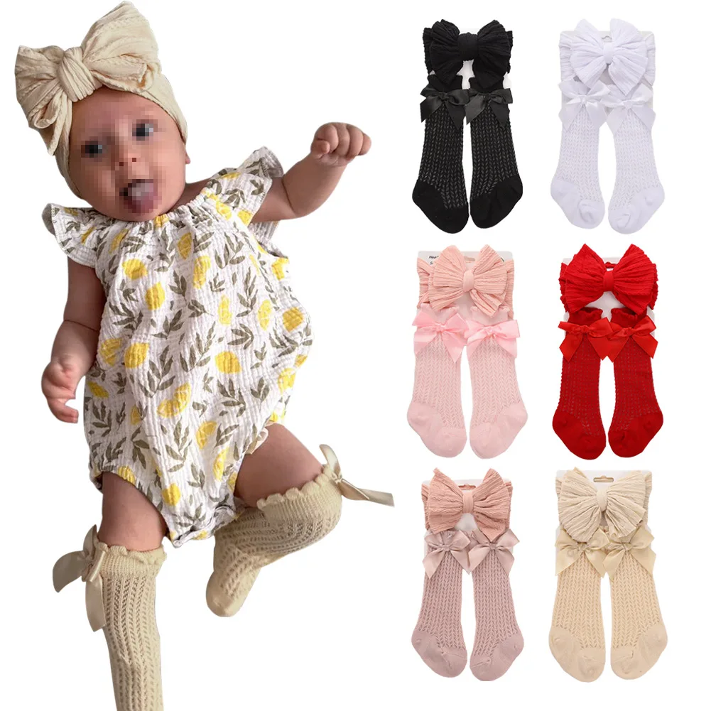 High quality hot sale bow knot girls wear baby socks gift sets wholesale price fashion cute baby caps and socks