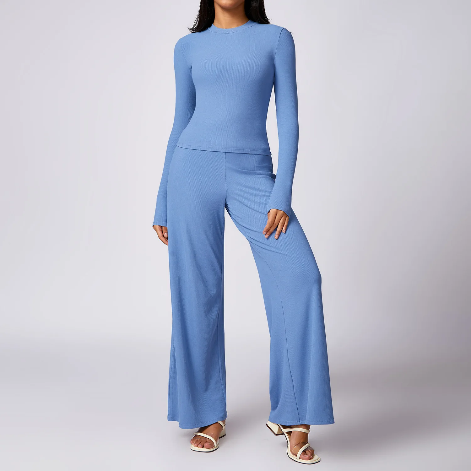 Wholesale Ribbed Sport Sets Loose Casual Pants Slim Long Sleeve T Shirts Sets Gym Clothing For Women Sports Sets