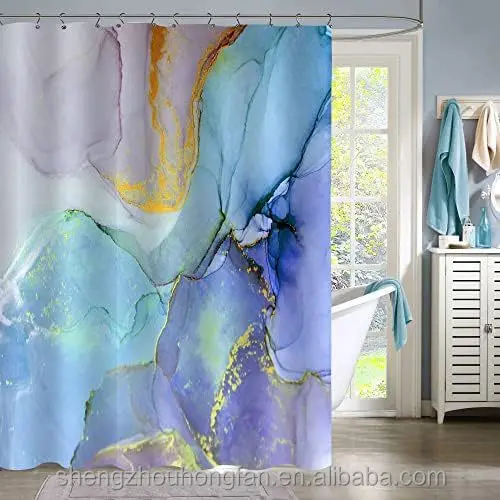 Colorful Marble , Abstract Blue Purple Jade Texture Gold Stripes Ombre , Modern Ink Art Decor Waterproof Fabric Shower Curtain