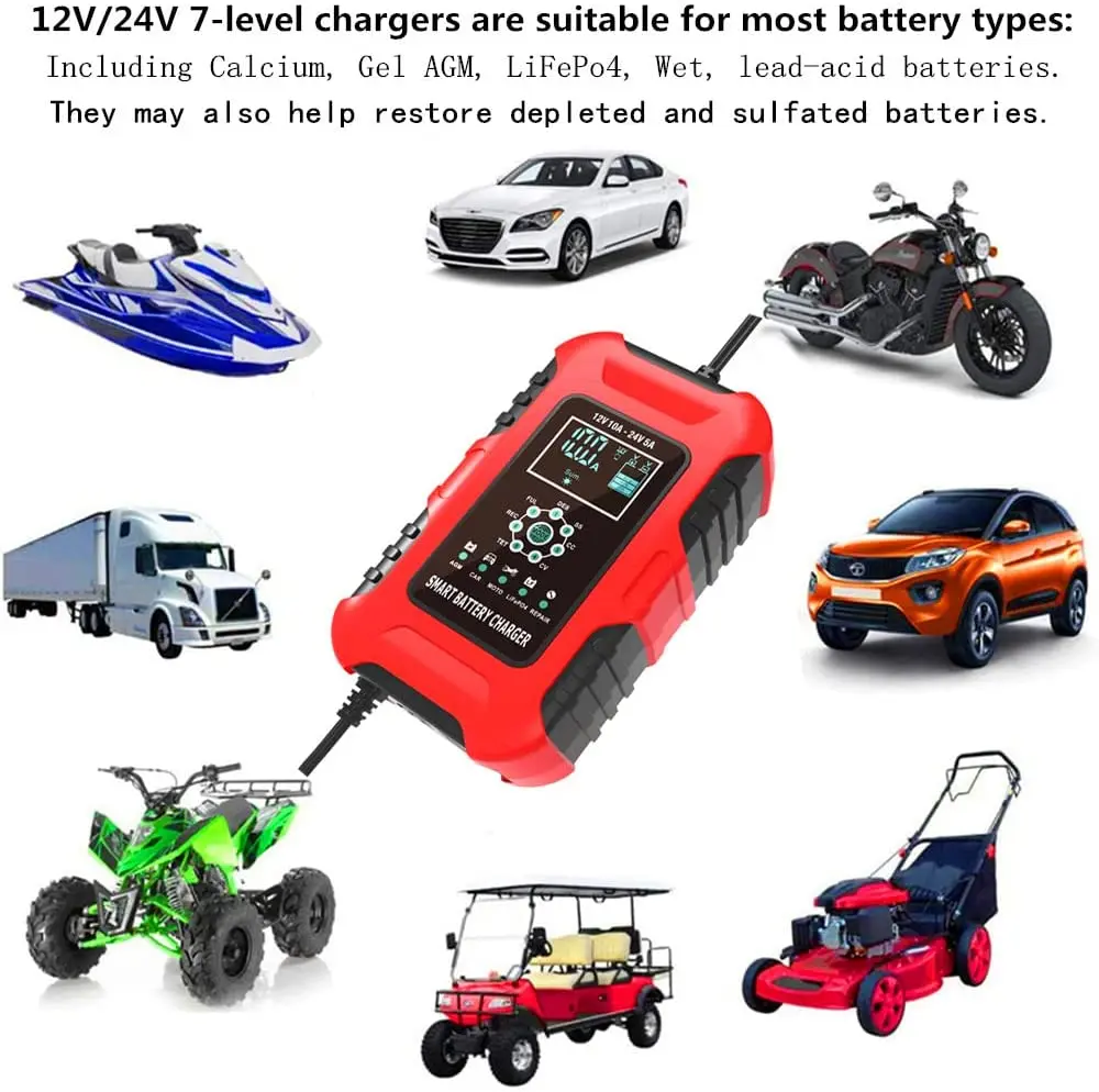 Зарядное устройство 12V/10A 24V/5A автомобильное 7-ступенчатое многофункциональное умное зарядное для автомобильного аккумулятора