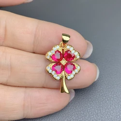 Wholesale Fashion Ruby Rhinestone Four Leaf Clover Pendants Charm Women For Jewelry Making DIY Necklace