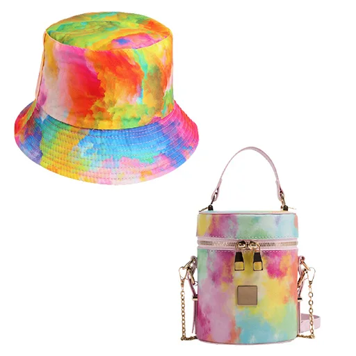 
 2021 New Arriva tie-dyed bucket Purse and bucket Hat Set Litchi Leather woman handbag Purses Gradient colored bucket hats  