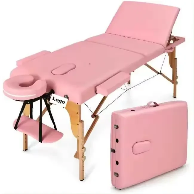 High Quality Portable Lightweight Black 3-Fold Spa Moxibustion Bed Massage Table Full Body Beauty Style-Modern Solid Wooden PU