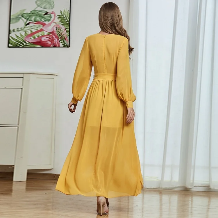 2022 long sleeves Fashion factory Custom Lady Chiffon Ruffle Maxi Tunic Dress Vestidos Women Elegant Summer Casual Dresses