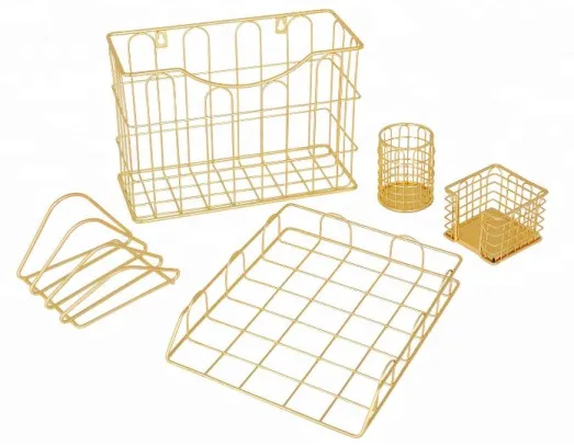 wholesaler&manufacturer 550-97GS 2019 new product desk 5 pcs gold mesh office organizer set