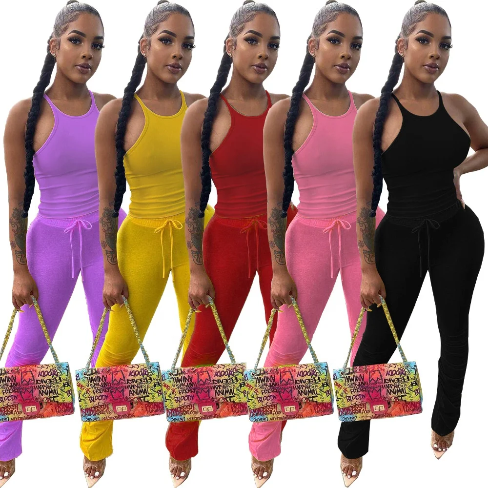 
KX-DN8596 2021 Custom logo summer women clothing sets sexy straps pleated stacked pants two piece set 