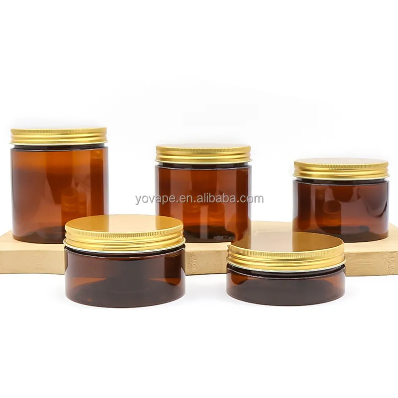 Straight sided 50g 60 g 100 gram 120g 150ml 200ml 8Oz 6 Oz brown amber body butter cream cosmetic jars with aluminum gold lid