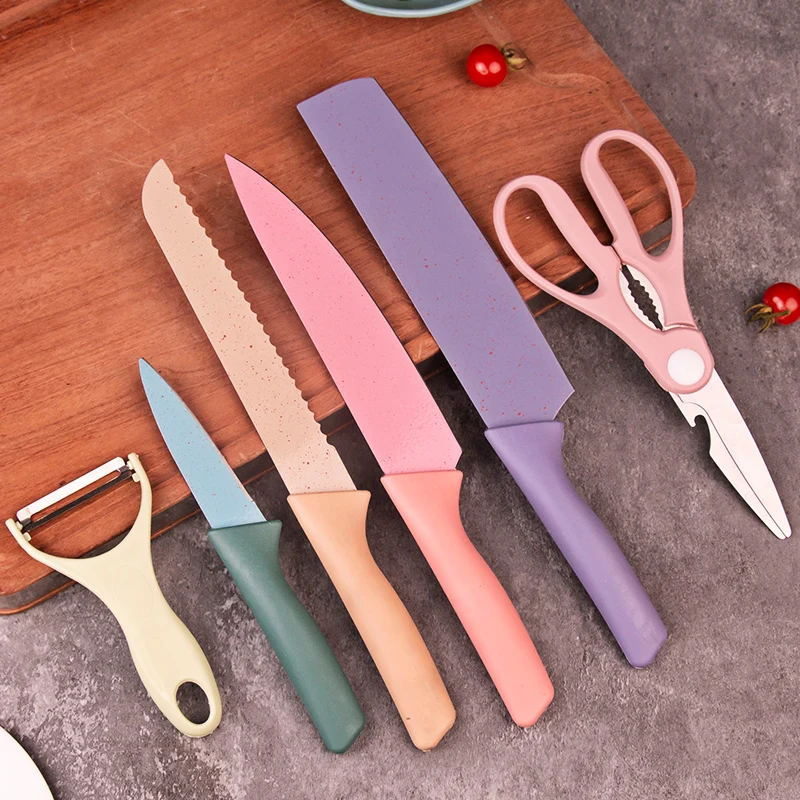 Top Seller Eco-friendly Fashionable Colorful Non-stick Wheat Straw 6pcs Kitchen Knife Set Includes Bread Slicing Knife Chef PP