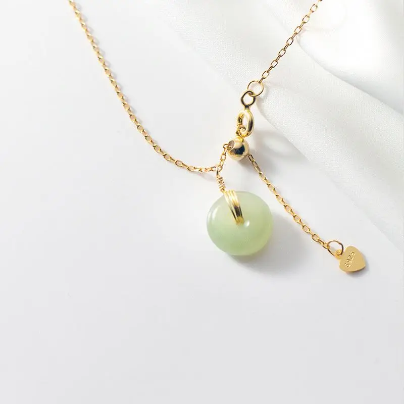 Real Natural Hetian Jade Stone Pendant Necklace 925 Sterling Silver Donut Shape Jewelry