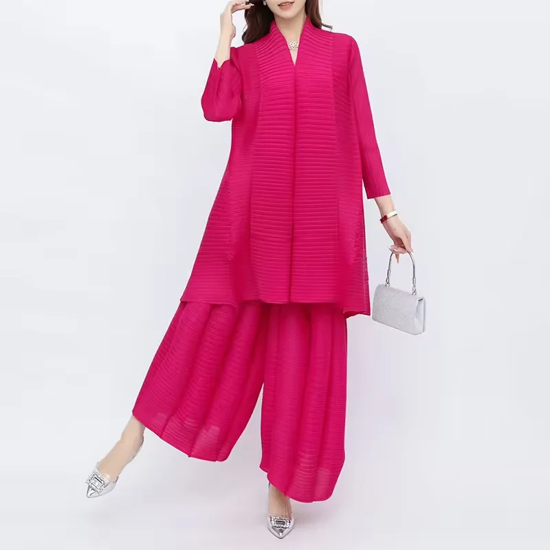 Miyake Plus Size Pleated Set Female 2024 New Casual Fashion Loose Top Wide-leg Pants Women Pleated Two-piece Set